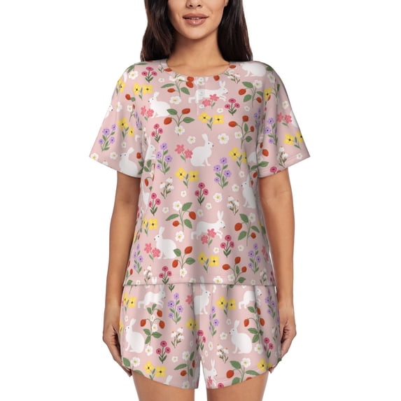Bingfone Bunny And Flower Print Pajamas Sets for Women Soft Short-Sleeved Pjs with Lounge Shorts Two Piece Sleepwear