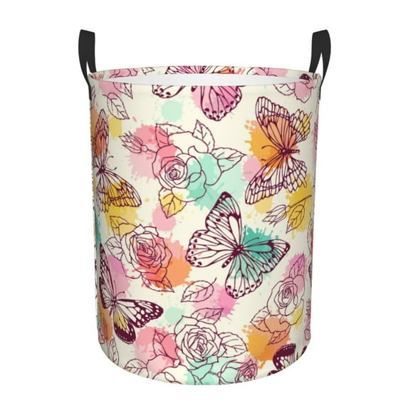 Bingfone Butterflies And Roses Waterproof Foldable Laundry Hamper Bucket With Handles For Storage Bin,Clothes Hamper (Medium )