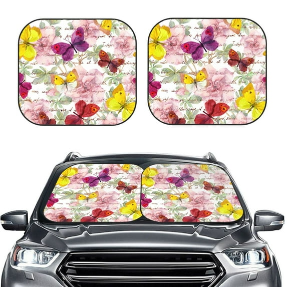 Bingfone Butterflies And Vintage Windshield Sun Shade 2-Piece Foldable Car Front Window Sunshade For Most Sedans Suv Truck - Auto Sun Blocker Visor Protector Blocks Max Uv Rays - Small