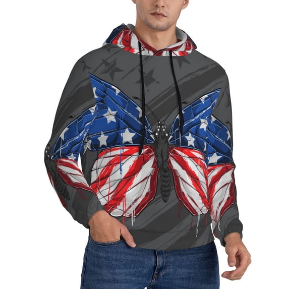 Bingfone Butterfly With USA Flag Men's Drawstring Hoodie Long Sleeve Pocket Sweatshirts-Medium