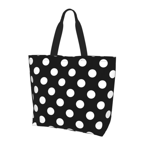 Bingfone Canvas Tote Bag For Women With Inner Pocket Aesthetic Cute Shopping Tote Bags Reusable Grocery Bags-Black And White Polka Dot