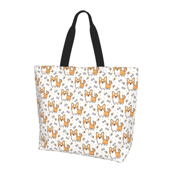 Bingfone Canvas Tote Bag For Women With Inner Pocket Aesthetic Cute Shopping Tote Bags Reusable Grocery Bags-Corgi With Hearts