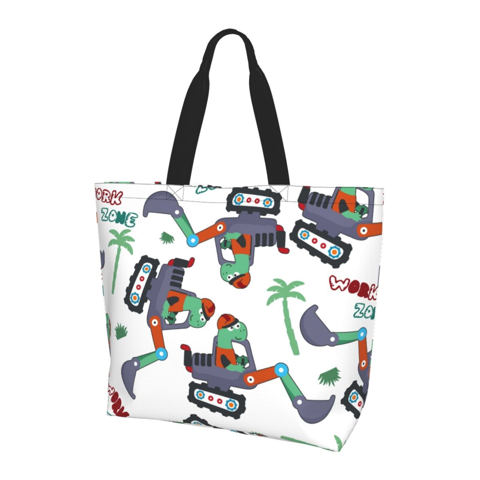Cute Dinosaur Canvas Tote Bag – Reusable Grocery Shopping Bag, Aesthetic Medium Tote For Women, Friends & Classmates (Multicolor, 13.8x16.5 In)