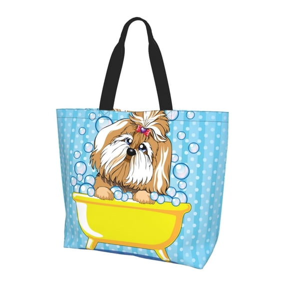 Bingfone Canvas Tote Bag For Women With Inner Pocket Aesthetic Cute Shopping Tote Bags Reusable Grocery Bags-Dog Takes A Bath In The Bathtub