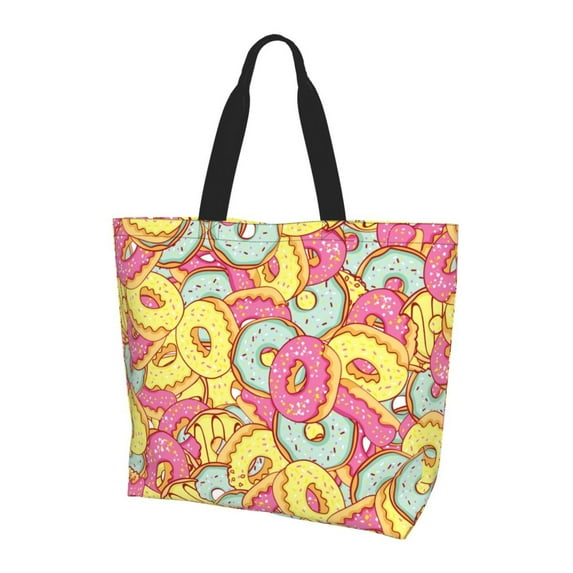 Bingfone Canvas Tote Bag For Women With Inner Pocket Aesthetic Cute Shopping Tote Bags Reusable Grocery Bags-Pink Donut And Blue