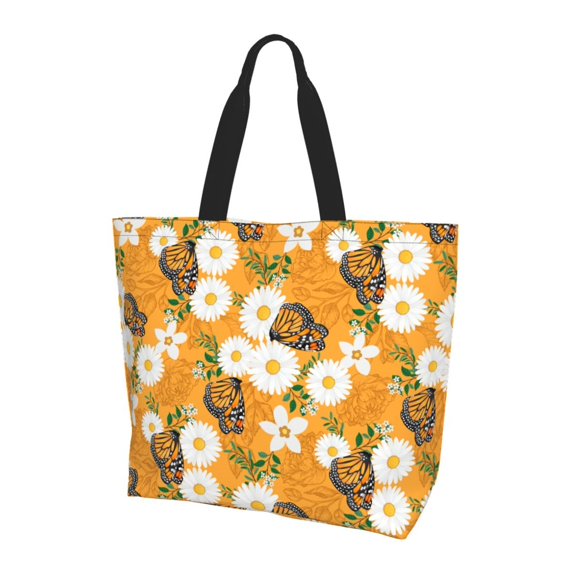 Bingfone Canvas Tote Bag For Women With Inner Pocket Aesthetic Cute Shopping Tote Bags Reusable Grocery Bags-White Floral And Butterflies