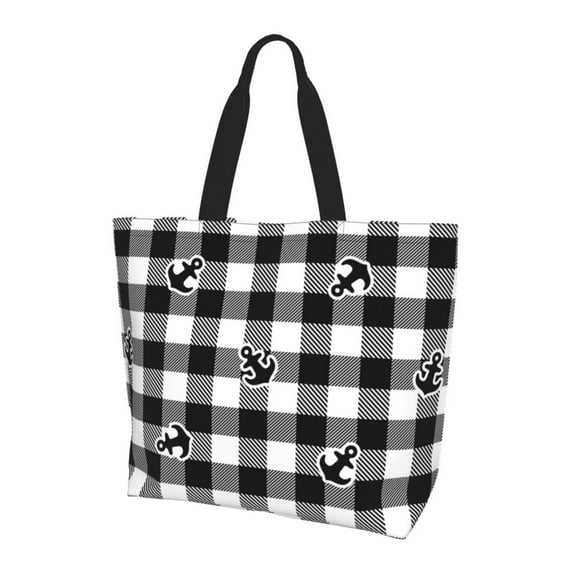 Bingfone Canvas Tote Bag for Women with Inner Pocket Aesthetic Cute Shopping Tote Bags Reusable Grocery Bags-Anchor Black Tartan Plaid
