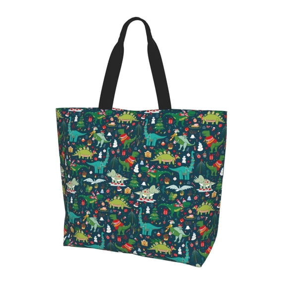 Bingfone Canvas Tote Bag for Women with Inner Pocket Aesthetic Cute Shopping Tote Bags Reusable Grocery Bags- Christmas Dinosaur colorful