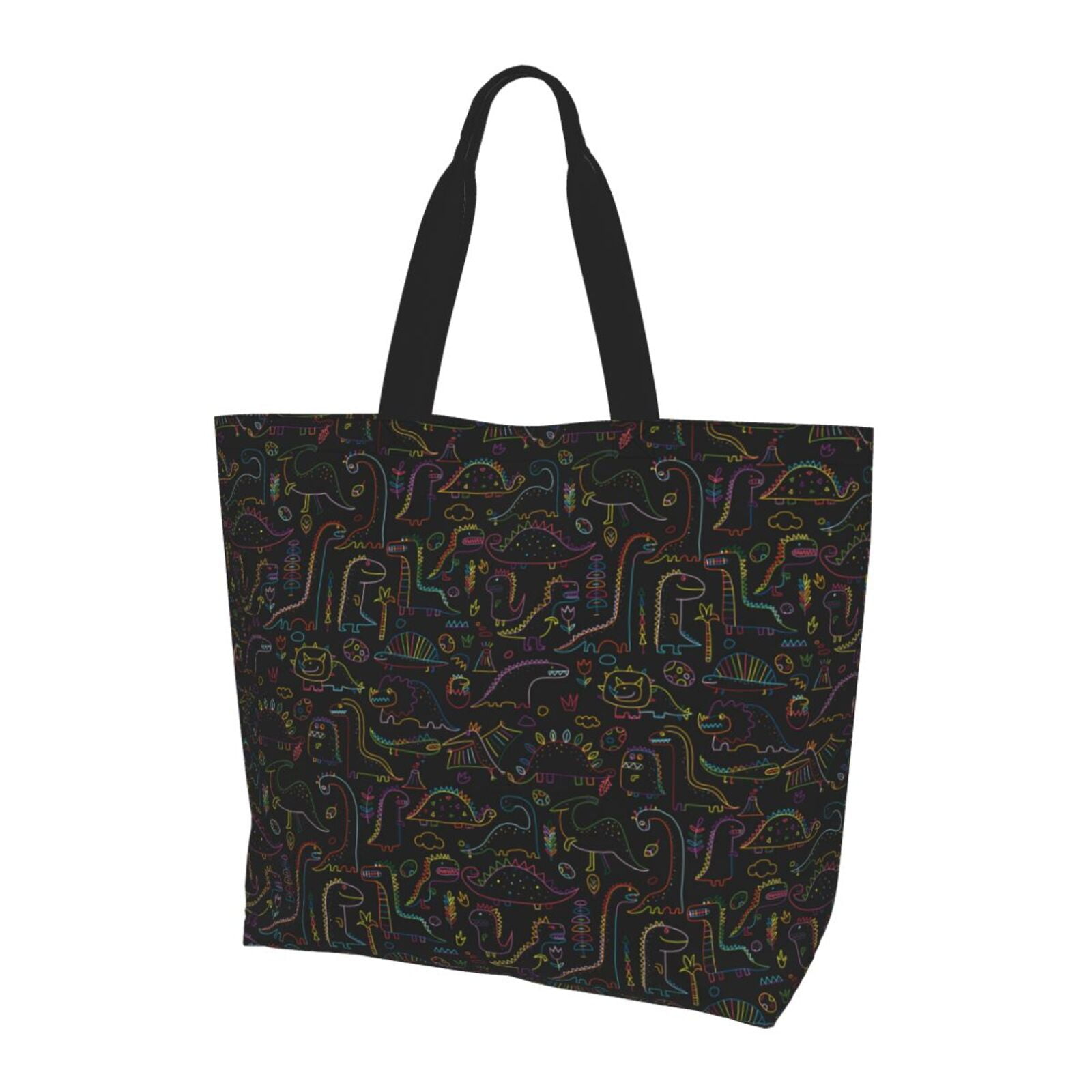 Cute Dinosaur Canvas Tote Bag – Reusable Grocery Shopping Bag, Aesthetic Medium Tote For Women, Friends & Classmates (Multicolor, 13.8x16.5 In)