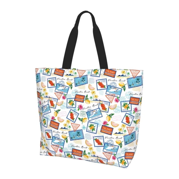 Bingfone Canvas Tote Bag for Women with Inner Pocket Aesthetic Cute Shopping Tote Bags Reusable Grocery Bags- Summer Stamp
