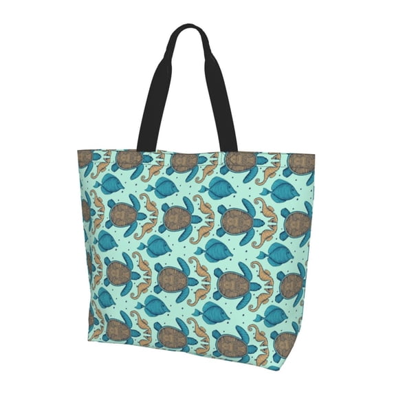 Bingfone Canvas Tote Bag for Women with Inner Pocket Aesthetic Cute Shopping Tote Bags Reusable Grocery Bags- Turtles And Seahorses