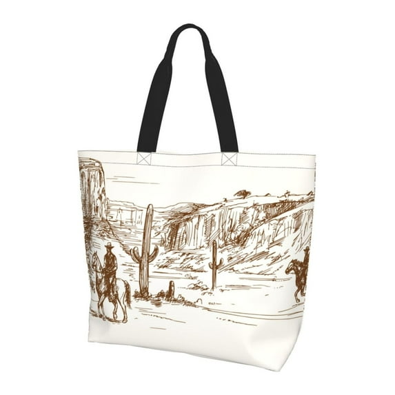 Bingfone Canvas Tote Bag for Women with Inner Pocket Aesthetic Cute Shopping Tote Bags Reusable Grocery Bags-Western Desert Cowboys