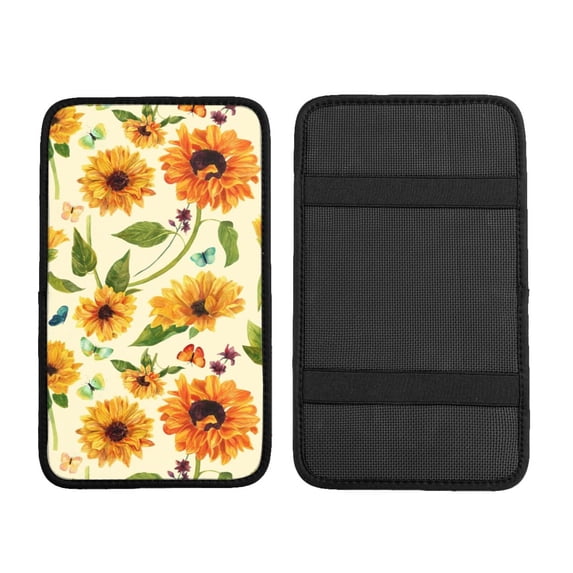 Bingfone Car Four-Season Universal Armrest Box Mat,Car Armrest Seat Cover Soft Leather Waterproof Armrest Cover Center Console Mat-Sunflowers And Butterflies