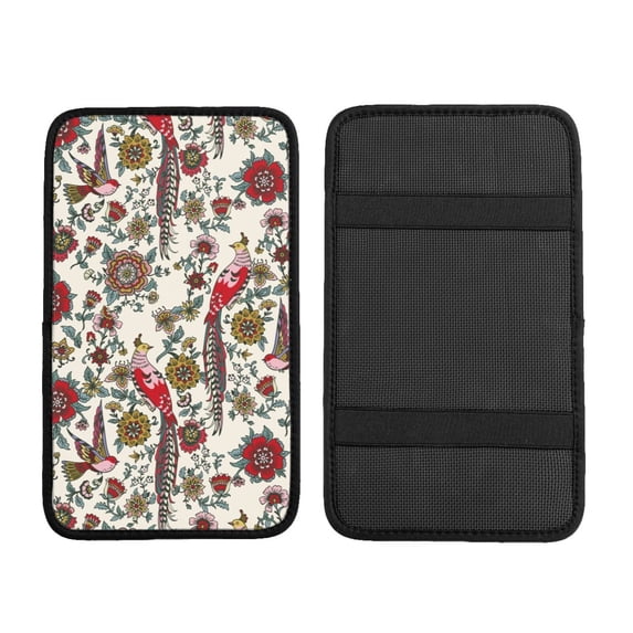 Bingfone Car Four-Season Universal Armrest Box Mat,Car Armrest Seat Cover Soft Leather Waterproof Armrest Cover Center Console Mat-Dark Enchanted Flowers And Birds