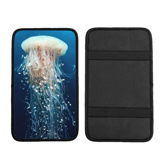 Bingfone Car Four-Season Universal Armrest Box Mat,Car Armrest Seat Cover Soft Leather Waterproof Armrest Cover Center Console Mat-White Jellyfish Dansing In The Ocean