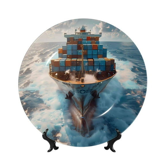 Bingfone Cargo Ship At Sea Print Bone China Dinner Decorative Plates,Handmade Ceramic Dinner Plate with Stand for Home Club-10in