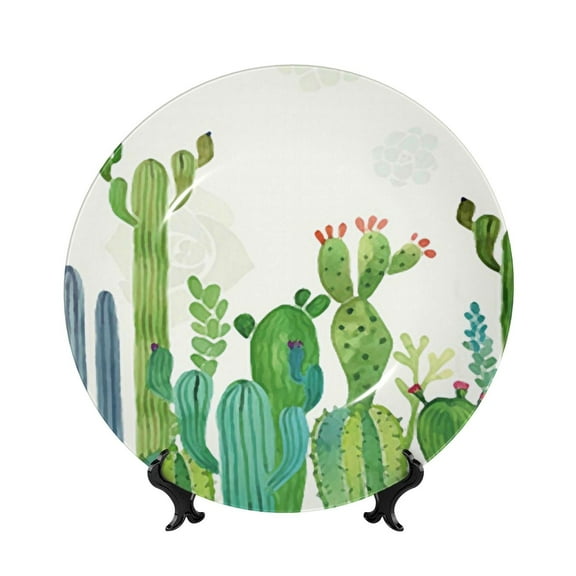 Bingfone Cartoon Cactus Print Bone China Dinner Decorative Plates,Handmade Ceramic Dinner Plate with Stand for Home Club-6in