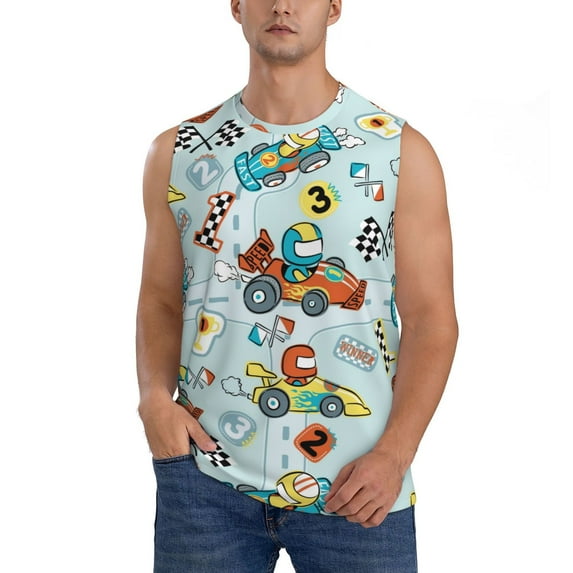 Bingfone Cartoon Car Racing Pattern Men's Tank Tops Workout Sleeveless Tee Shirts Running Beach Tanks for Men-XX-Large