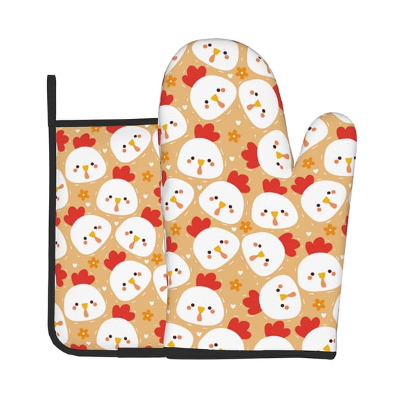 Bingfone Cartoon Chicken Print Oven Mitts Pot Holders Set 2 PCS for Kitchen for Cooking Grilling Baking BBQ Pot Holders Cook Essentials
