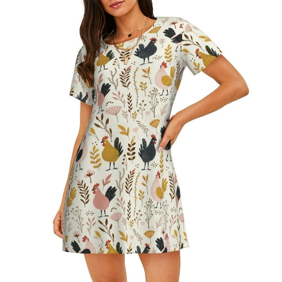 Bingfone Cartoon Chickens Nightgowns for Women Sleep Shirts Short Sleeve Nightshirt Pullover Nightdress Soft Sleepwear