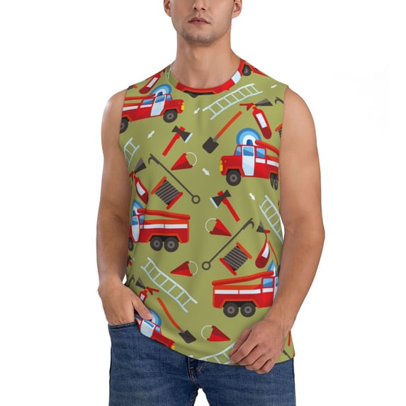 Bingfone Cartoon Fire Truck Pattern Men's Tank Tops Workout Sleeveless Tee Shirts Running Beach Tanks for Men-XX-Large