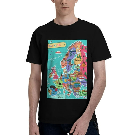 Bingfone Cartoon Map Of Europe Men'S Loose Fit Short-Sleeve Pocket T-Shirt