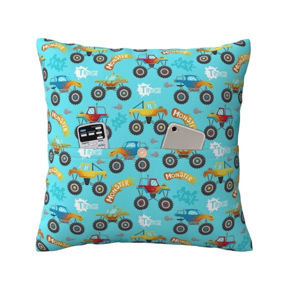 Bingfone Cartoon Monster Truck Linen Throw Pillow Covers Cushion Case Pocket Button Vintage Farmhouse Pillowcase-20"x20"