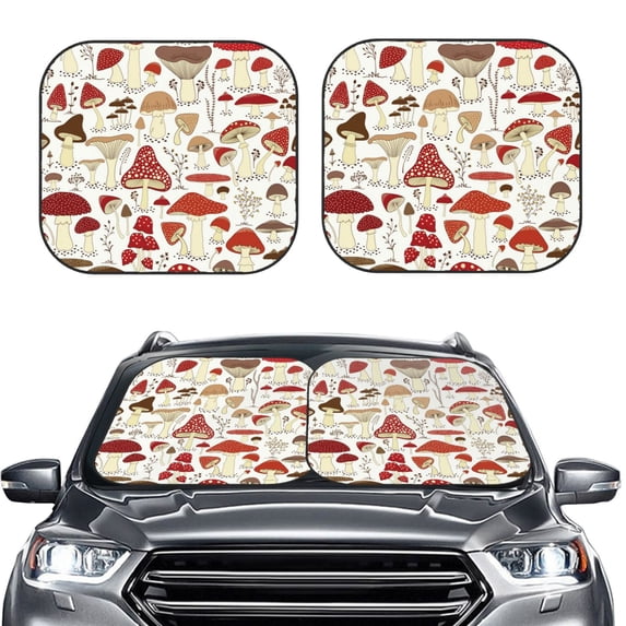 Bingfone Cartoon Mushrooms Windshield Sun Shade 2-Piece Foldable Car Front Window Sunshade For Most Sedans Suv Truck - Auto Sun Blocker Visor Protector Blocks Max Uv Rays - Small