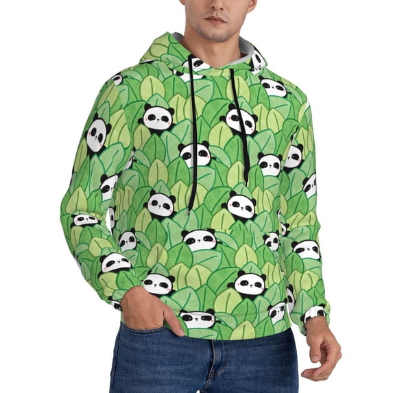 Bingfone Cartoon Panda And Leaf 1 Men's Drawstring Hoodie Long Sleeve Pocket Sweatshirts-Medium
