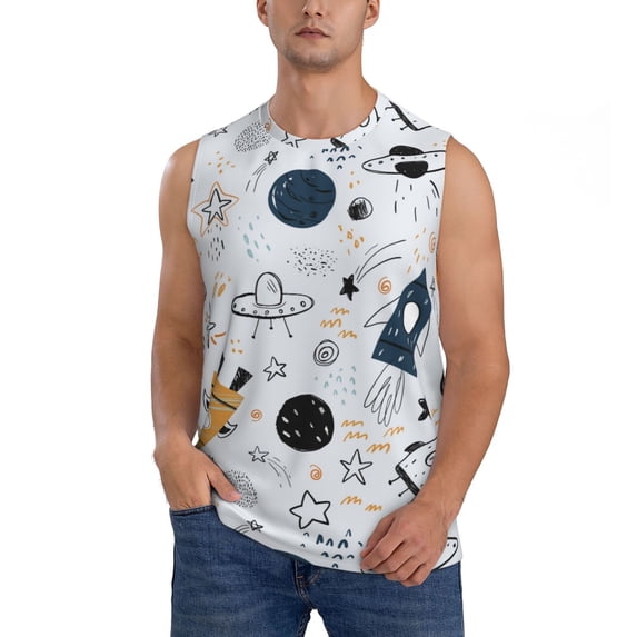 Bingfone Cartoon Planets Pattern Men's Tank Tops Workout Sleeveless Tee Shirts Running Beach Tanks for Men-XX-Large