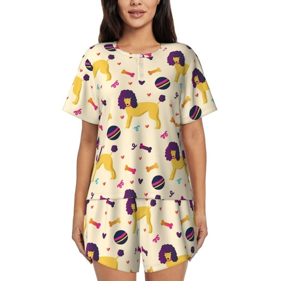 Bingfone Cartoon Poodle Dog Print Pajamas Sets for Women Soft Short-Sleeved Pjs with Lounge Shorts Two Piece Sleepwear