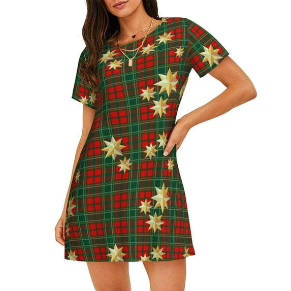 Bingfone Checkered With Golden Stars Nightgowns for Women Sleep Shirts Short Sleeve Nightshirt Pullover Nightdress Soft Sleepwear