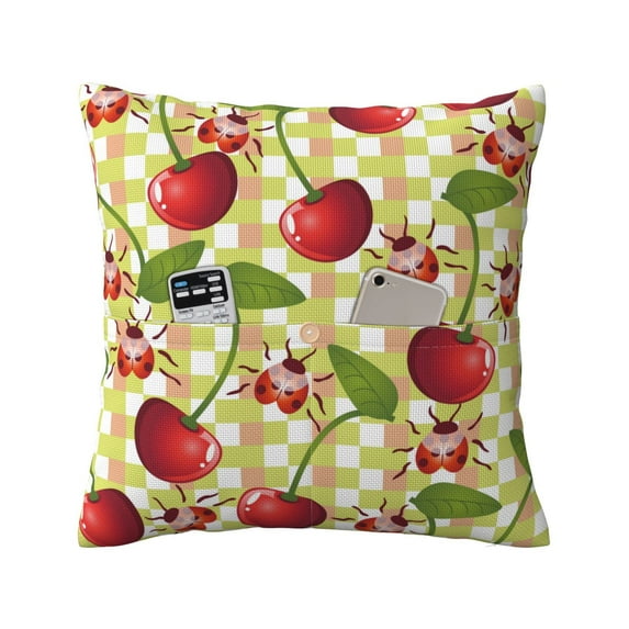 Bingfone Cherries And Ladybirds Linen Throw Pillow Covers Cushion Case Pocket Button Vintage Farmhouse Pillowcase For Sofa Couch Bed 20"X20"