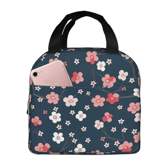 Bingfone Cherry Blossoms Print Lunch Bag Insulated Lunch Box, Small Leakproof Cooler Food Lunch Containers Reusable High Capacity Lunch Tote Bags for Work, Travel, Outdoor