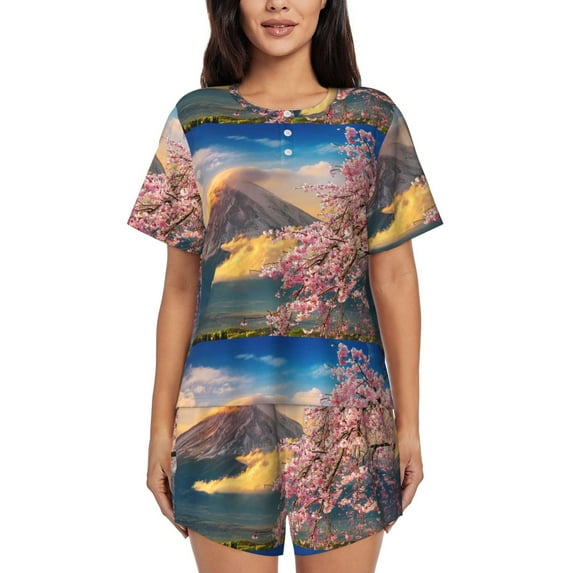 Bingfone Cherry Blossoms Print Pajamas Sets for Women Soft Short-Sleeved Pjs with Lounge Shorts Two Piece Sleepwear