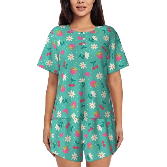 Bingfone Cherry Strawberry Floral Print Pajamas Sets for Women Soft Short-Sleeved Pjs with Lounge Shorts Two Piece Sleepwear