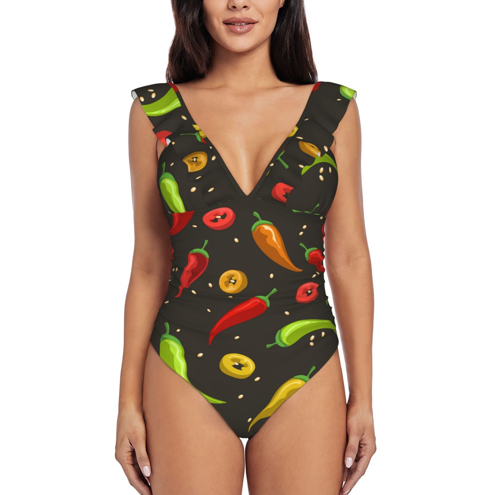 Bingfone Chili2 Print Women Ruffle One Piece Swimsuit Flounce Sleeve