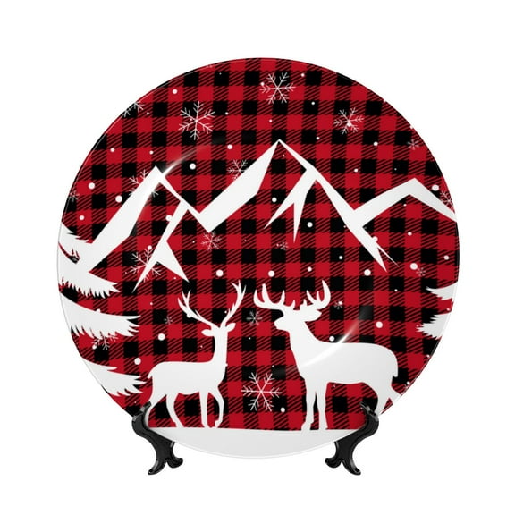 Bingfone Christmas Buffalo Plaid Print Bone China Dinner Decorative Plates,Handmade Ceramic Dinner Plate with Stand for Home Club-6in