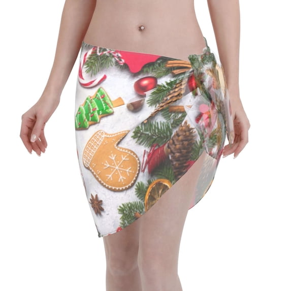 Bingfone Christmas Gingerbread Cookies Women's Sarong Swimsuit Cover Ups Bathing Suit Coverups Chiffon Beach Wrap Skirts