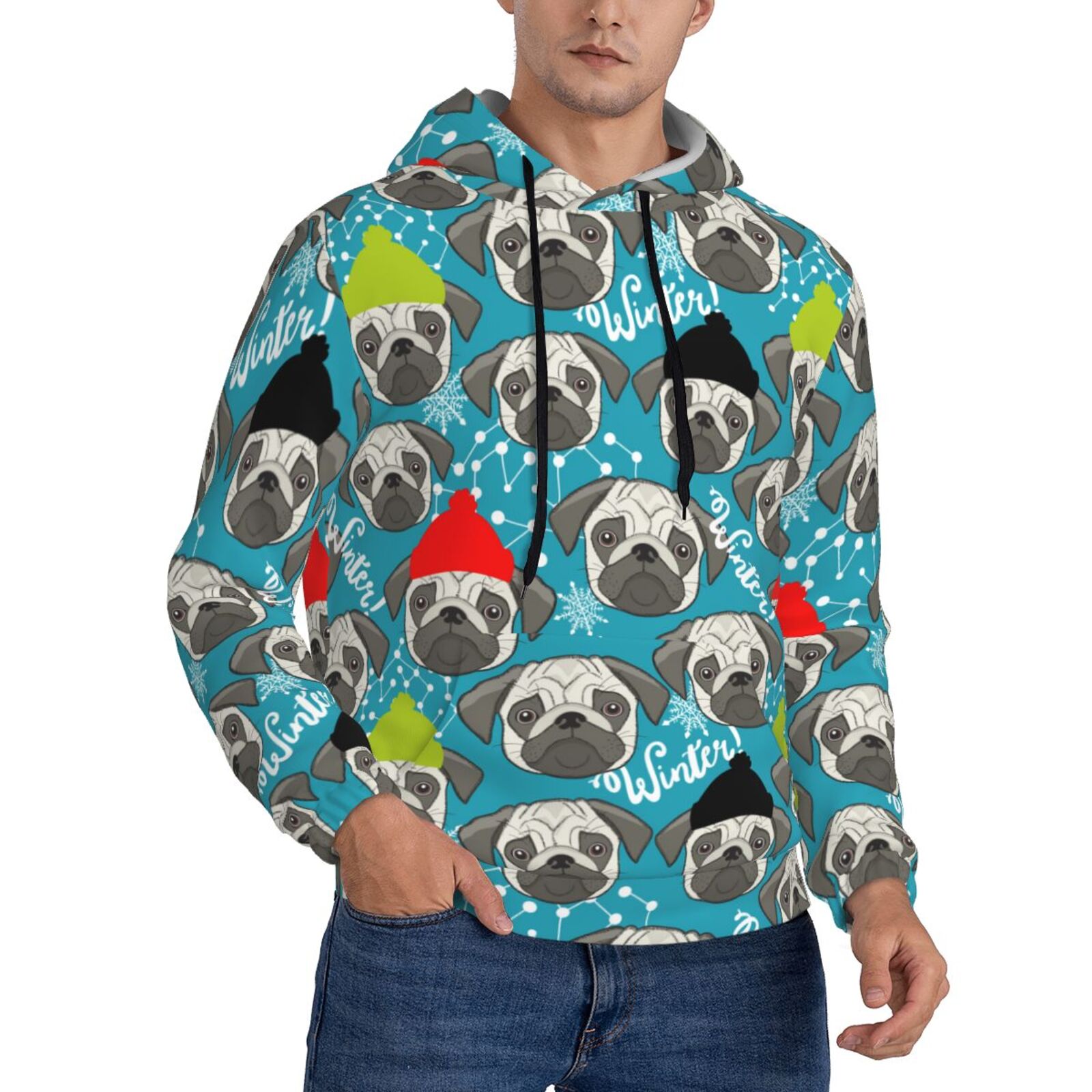 Bingfone Christmas Hat Cute French Bulldog Men's Drawstring Hoodie Long