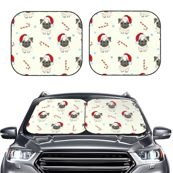 Bingfone Christmas Pug Dog Print 2-Piece Sun Shade Front Windshield - Foldable Car Front Window Sunshades For Most Sedans Suv Truck - Large