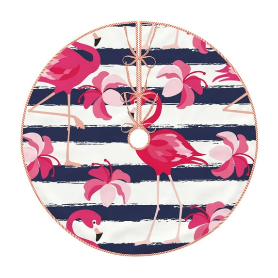 Bingfone Christmas Tree Skirt Mat Christmas Decoration Interior 48"-Dark Blue Stripes And Pink Flamingos