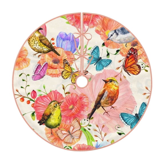 Bingfone Christmas Tree Skirt Mat Christmas Decoration Interior 48"-Flowers And Birds Watercolor