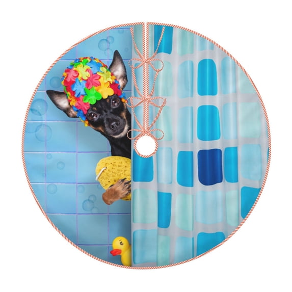 Bingfone Christmas Tree Skirt Mat Christmas Decoration Interior 48"-Prague Ratter Dog In Bathtub