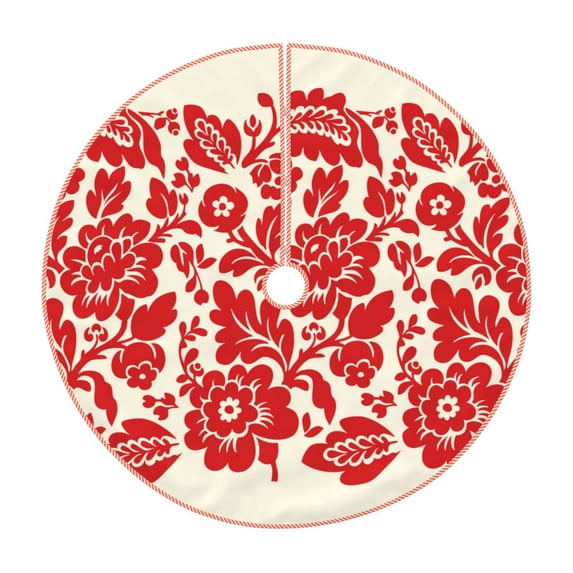 Bingfone Christmas Tree Skirt Mat Christmas Decoration Interior -Flowers Red Beige
