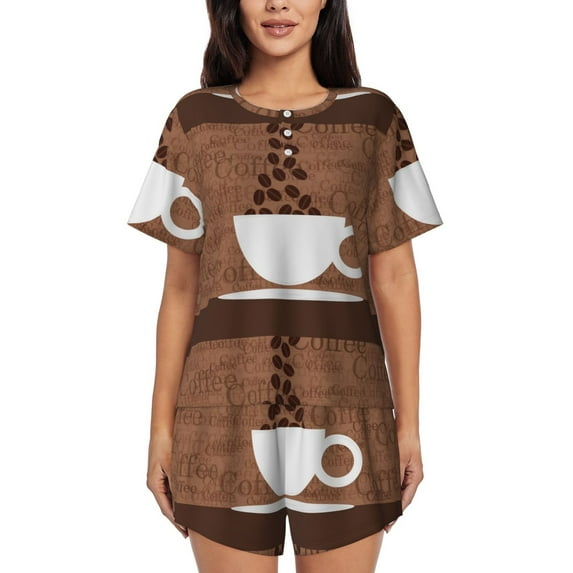 Bingfone Coffee Cafe Cup Print Pajamas Sets for Women Soft Short-Sleeved Pjs with Lounge Shorts Two Piece Sleepwear
