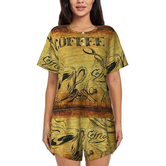 Bingfone Coffee Vintage Print Pajamas Sets for Women Soft Short-Sleeved Pjs with Lounge Shorts Two Piece Sleepwear