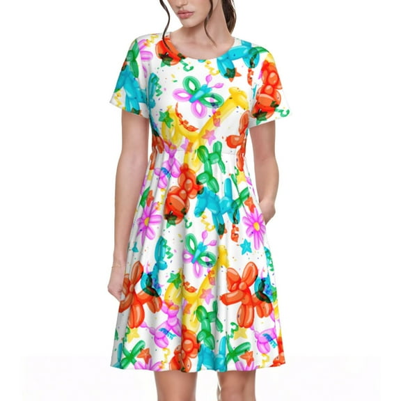 Bingfone Colorful Air Balloons Print Women’s Short Sleeve Dress, Comfortable Casual Dress, Stylish Summer Dress with Stretchy Fit for Daily Wear