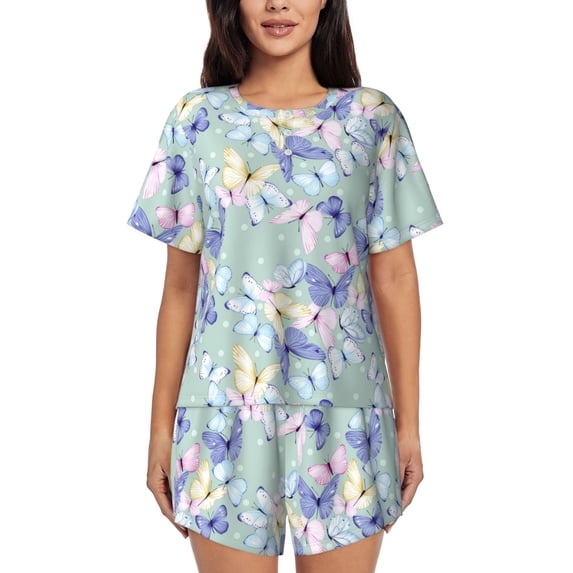 Bingfone Colorful Butterfly Print Pajamas Sets for Women Soft Short-Sleeved Pjs with Lounge Shorts Two Piece Sleepwear