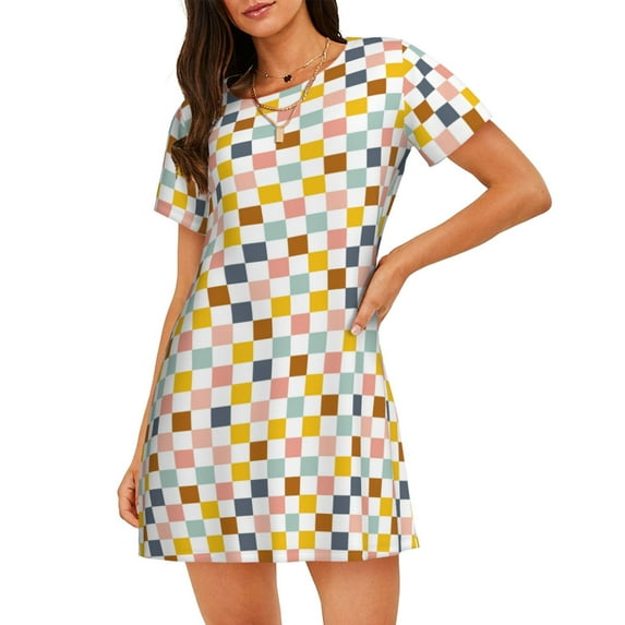 Bingfone Colorful Checkered 1 Nightgowns for Women Sleep Shirts Short Sleeve Nightshirt Pullover Nightdress Soft Sleepwear